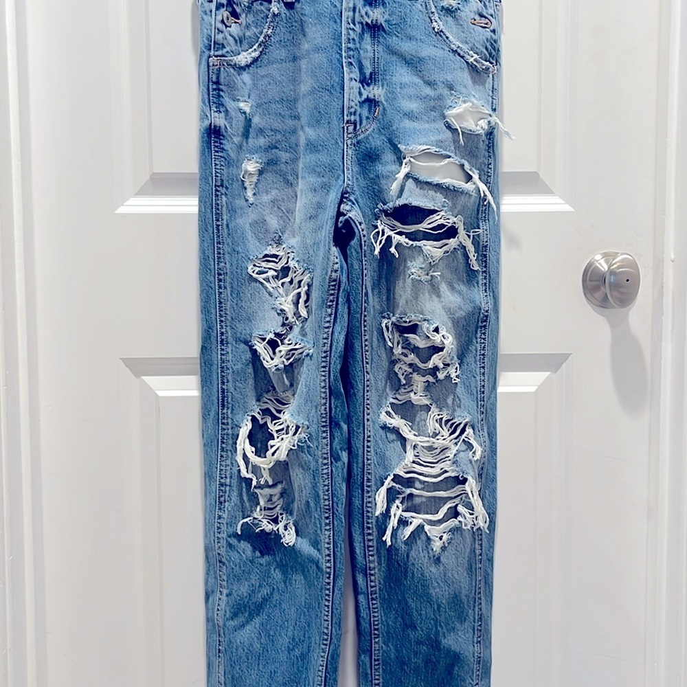 American Eagle 90s Boyfriend Overalls Women's XS Distressed Cotton Blue Denim - Picture 3 of 10